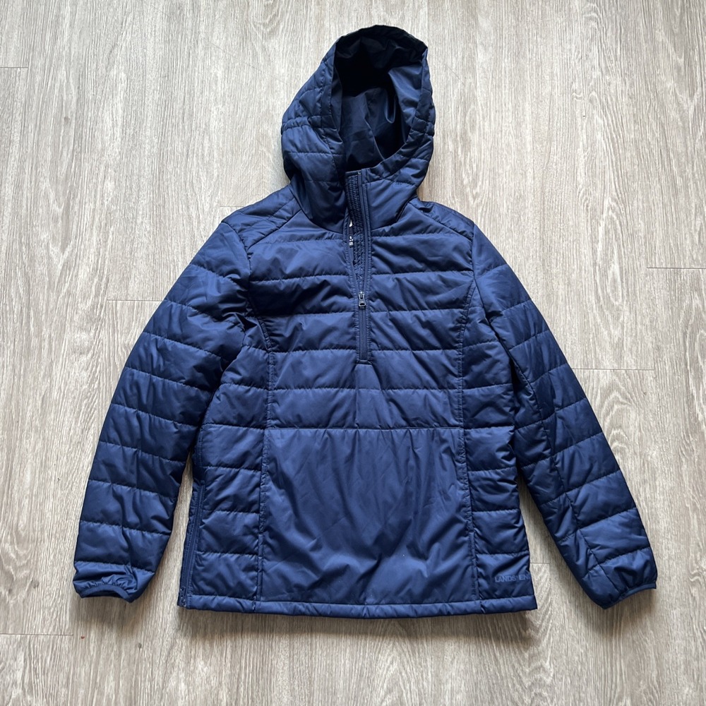 Lands End Womens Blue Puffer Pullover Half Zip Jacket Winter Insulated Warm S